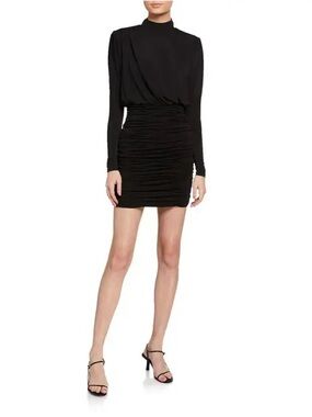 CINQ À SEPT Isla Ruched Mock-Neck Mini Dress Black Size 4